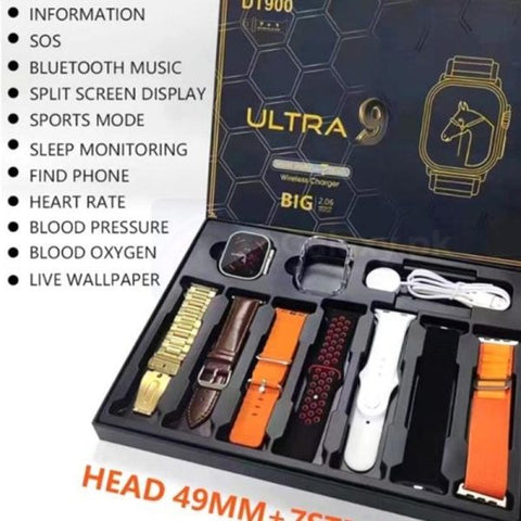 Dt900 Ultra Smart Watch 49mm Display Smart Watch With 7 Straps & Crystal Case Dt 900 Random Color