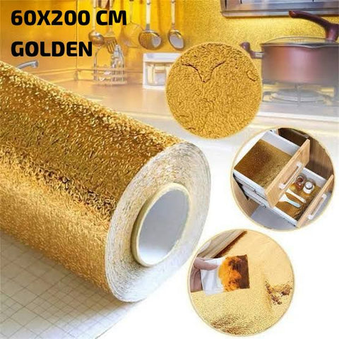 Golden Foil Kitchen Wallpaper Sticker (60*200 cm) | Peel & Stick Aluminum Foil Wallpaper | Self-Adhesive, Oil-Proof, and Waterproof for Kitchen Decor